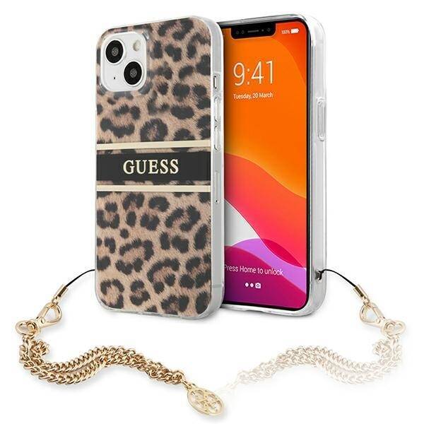 Pevné Puzdro GUESS Apple iPhone 13 Mini Leopard Gold Chain Brown
