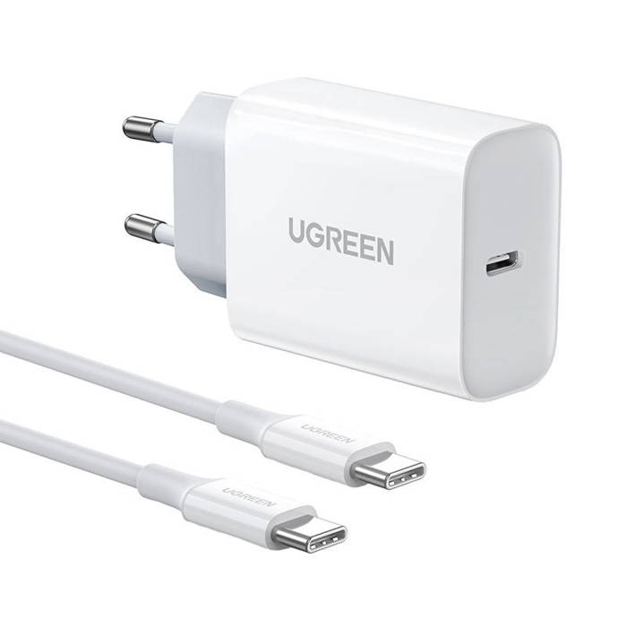 Cargador adaptador de red UGREEN USB-C, 30W + cable USB-C (blanco)